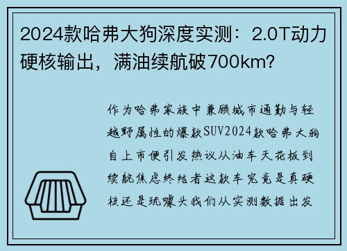 2024款哈弗大狗深度实测：2.0T动力硬核输出，满油续航破700km？