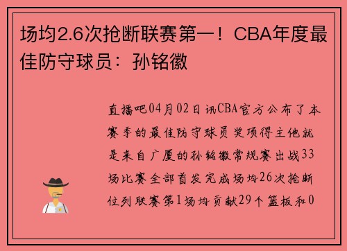 场均2.6次抢断联赛第一！CBA年度最佳防守球员：孙铭徽