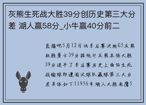 灰熊生死战大胜39分创历史第三大分差 湖人赢58分_小牛赢40分前二