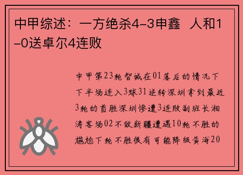 中甲综述：一方绝杀4-3申鑫  人和1-0送卓尔4连败