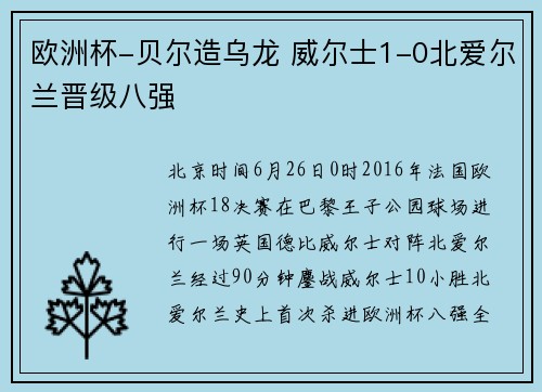 欧洲杯-贝尔造乌龙 威尔士1-0北爱尔兰晋级八强
