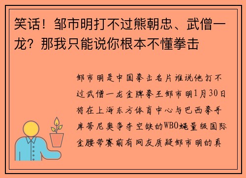 笑话！邹市明打不过熊朝忠、武僧一龙？那我只能说你根本不懂拳击